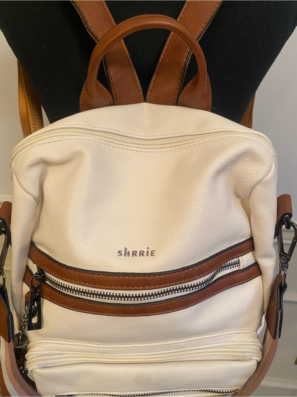 Cream & Tan Leather Backpack with Striped Accent Strap with Wallet 2 Piece - Picture 2 of 8